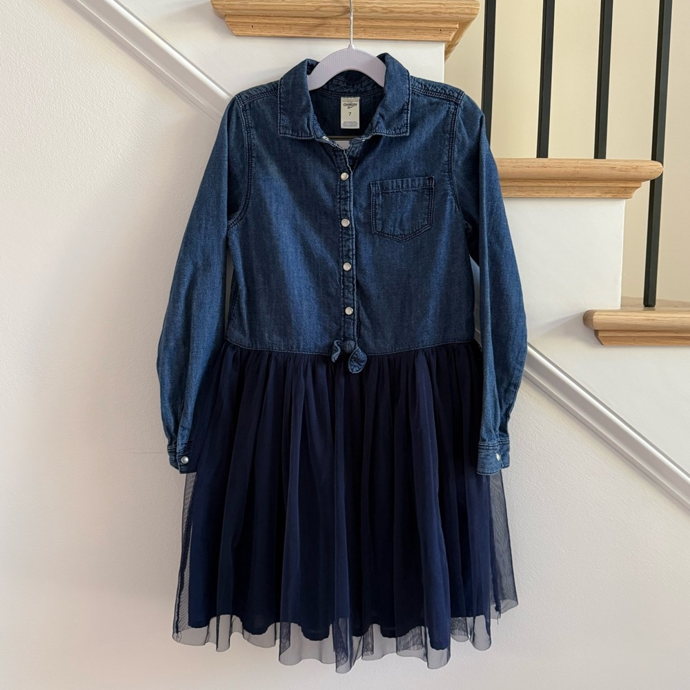 OshKosh B’Gosh Girls Mixed Fabric Chambray and Tulle Dress, Size 7